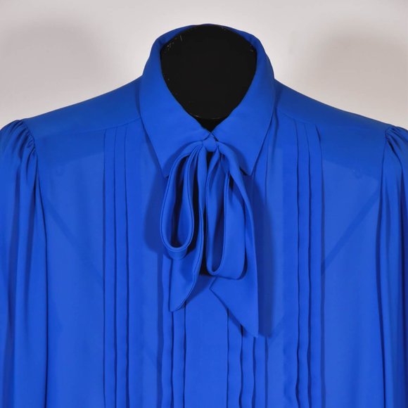 Vintage 80s Royal Blue Blouse with Bow Size 12 - Picture 2 of 7